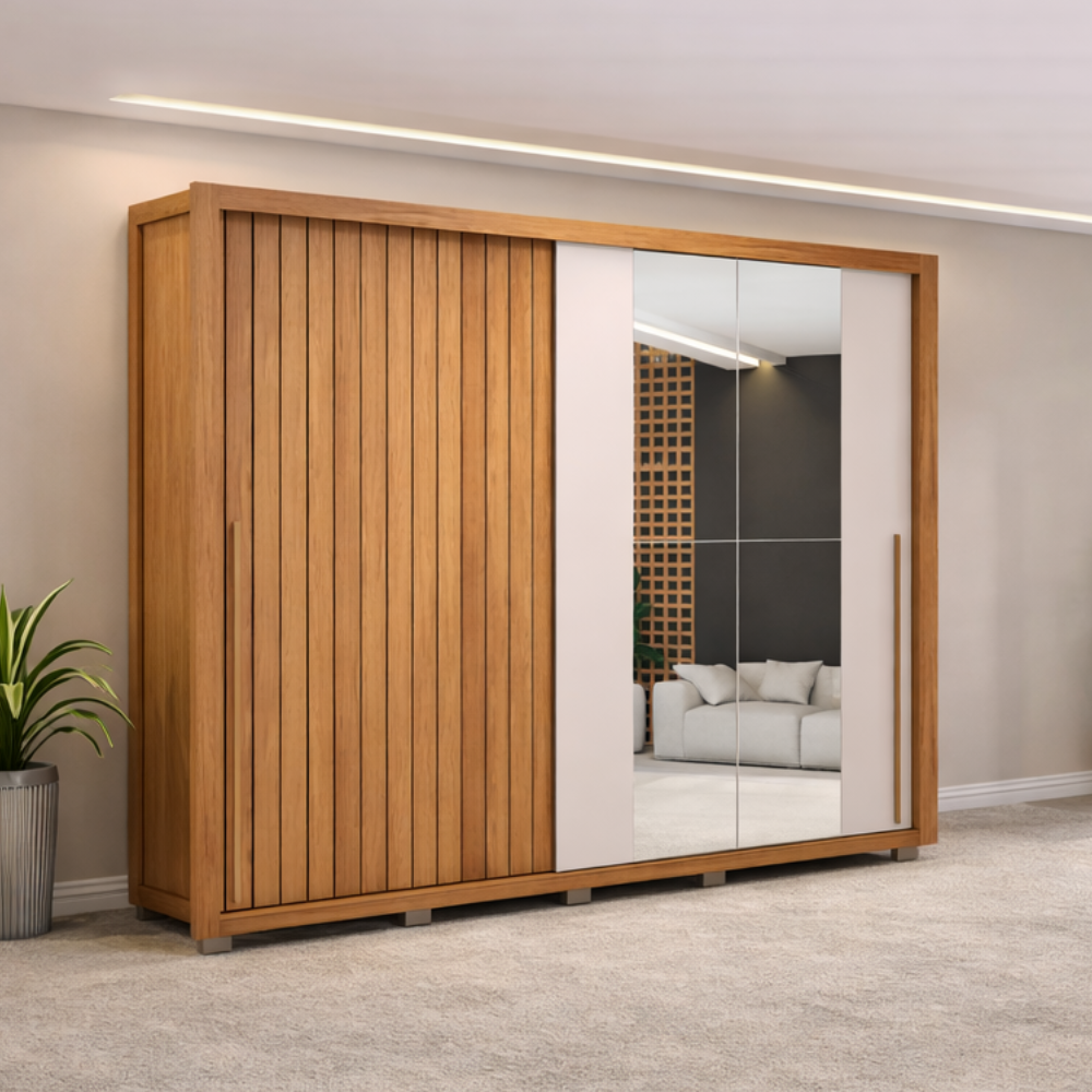 Guarda Roupa Casal 2 Portas de Correr com Espelho e 4 Gavetas 2.4 Flex Moviment Caemmun - FREIJO/ OFF WHITE