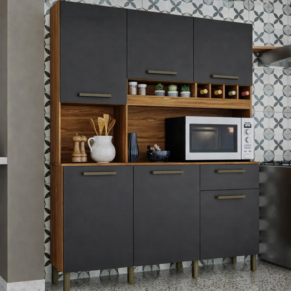 Cozinha Compacta 6 Portas 1 Gaveta Pinot Ronipa - AMENDOA/ CHUMBO