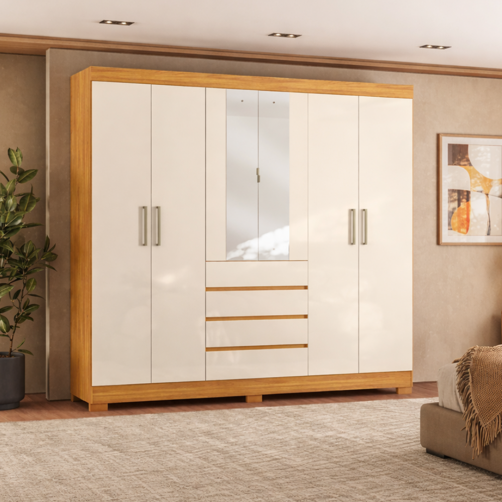 Guarda-roupa Casal 6 Portas 4 Gavetas com Espelho Ópera Demóbile - CINAMOMO / OFF WHITE