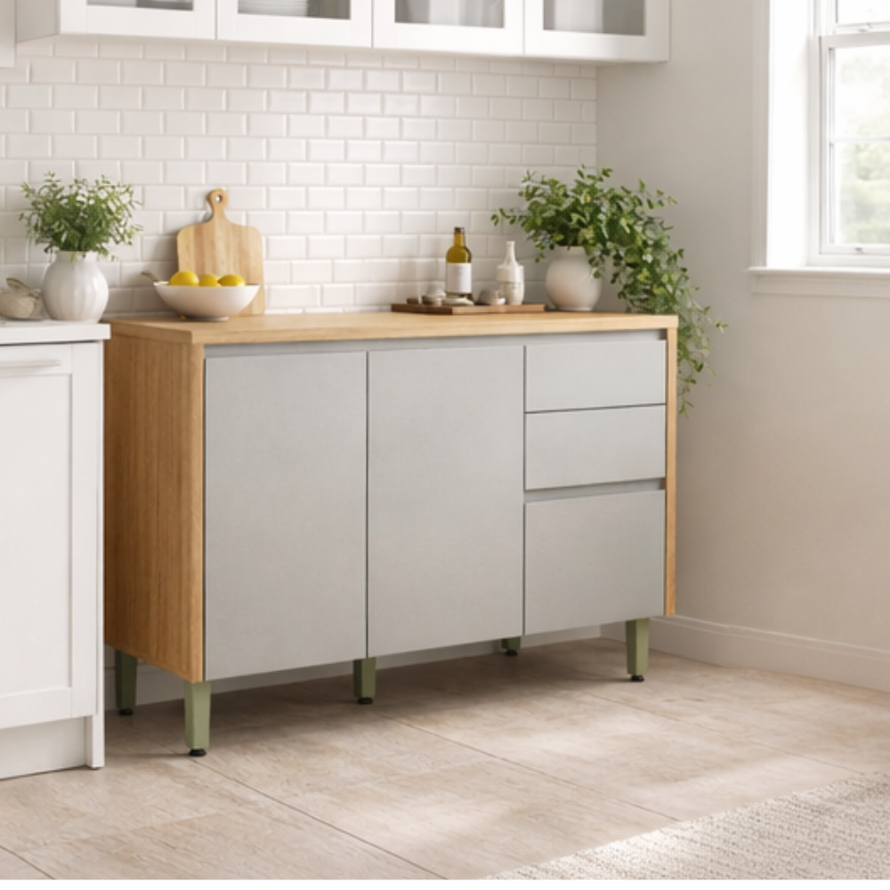 Balcão 2 Portas 3 Gavetas 120cm Allure linea - JEQUITIBA/GRIS FOSCO