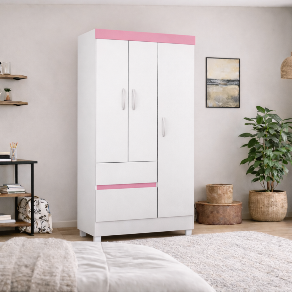 Guarda-Roupa Solteiro 3 Portas 2 Gavetas Wind Demóbile - BRANCO/ROSA