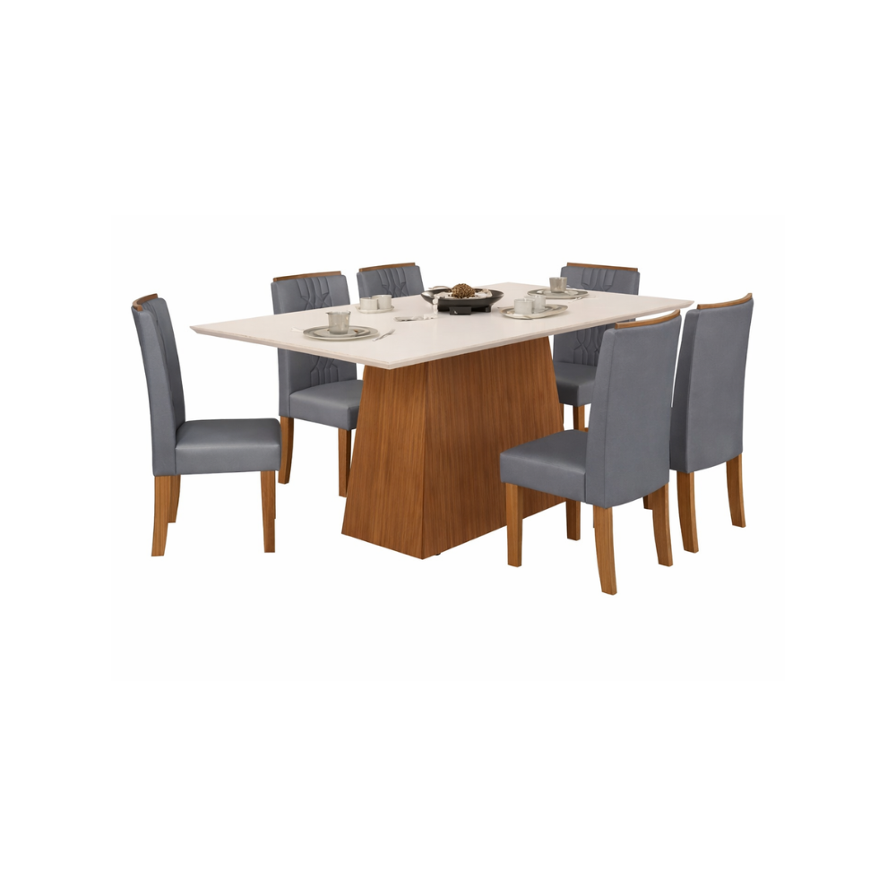Mesa de Jantar 180 Cm Dulce com 6 Cadeiras Zoe Lunar Dj Móveis - FREIJO/VELUDO LUNAR