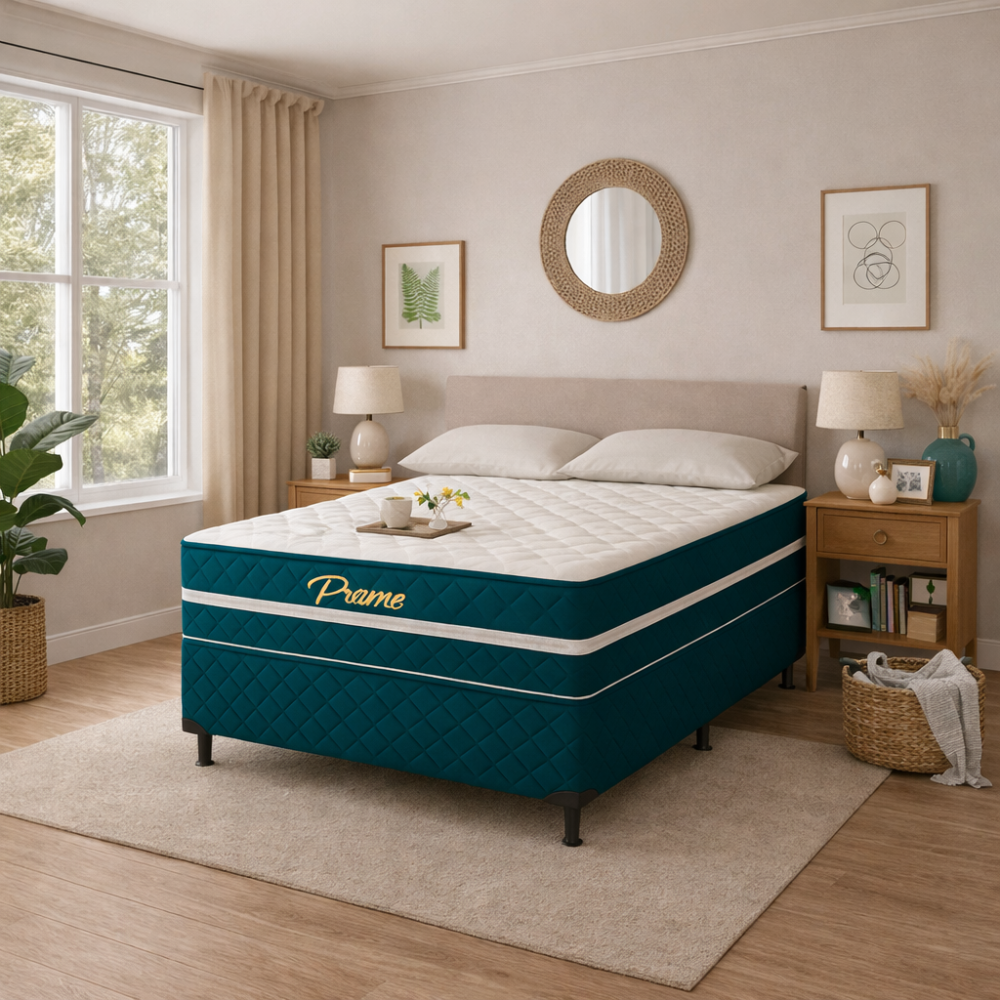 Cama Box Casal Prime (Colchão + Base) 138x188x62 Molas Ensacadas Bacetto - AZUL/BORDADA