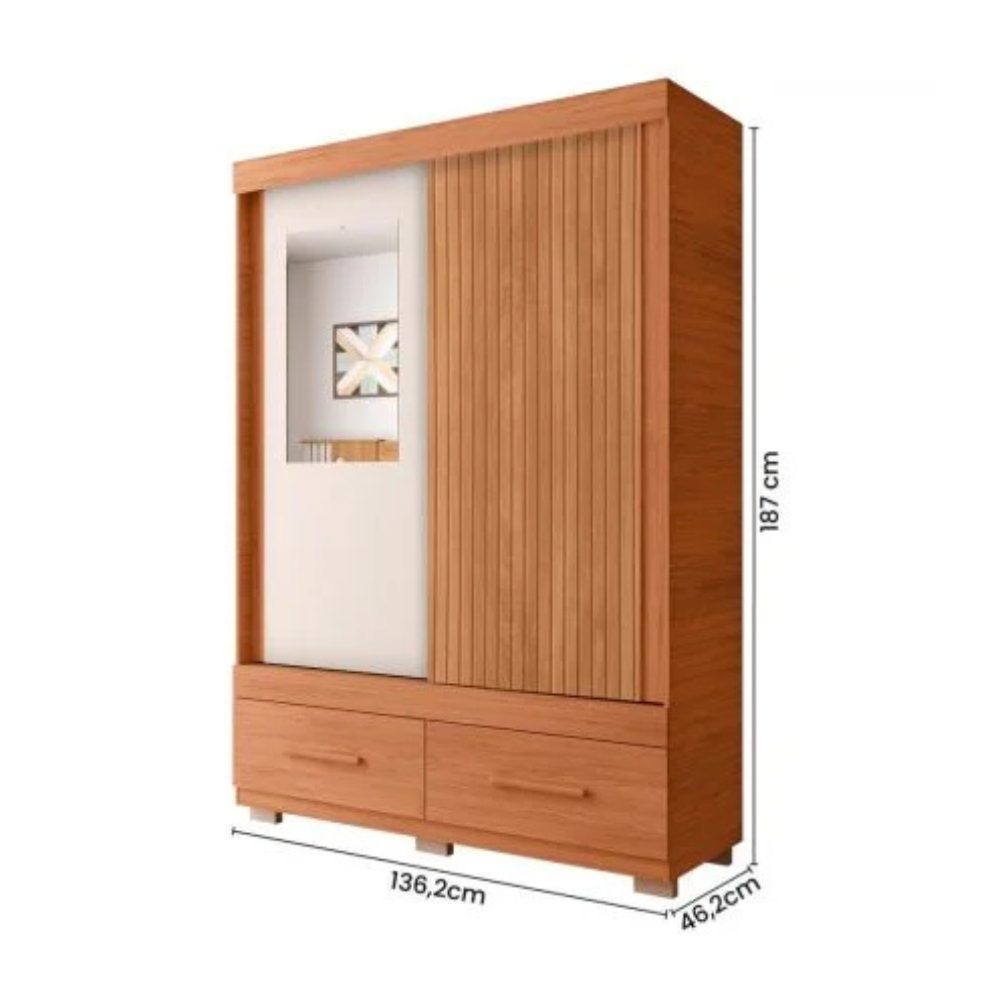 Guarda-Roupa Solteiro 2 Portas de Correr com Espelho 2 Gavetas Sereno Caemmun