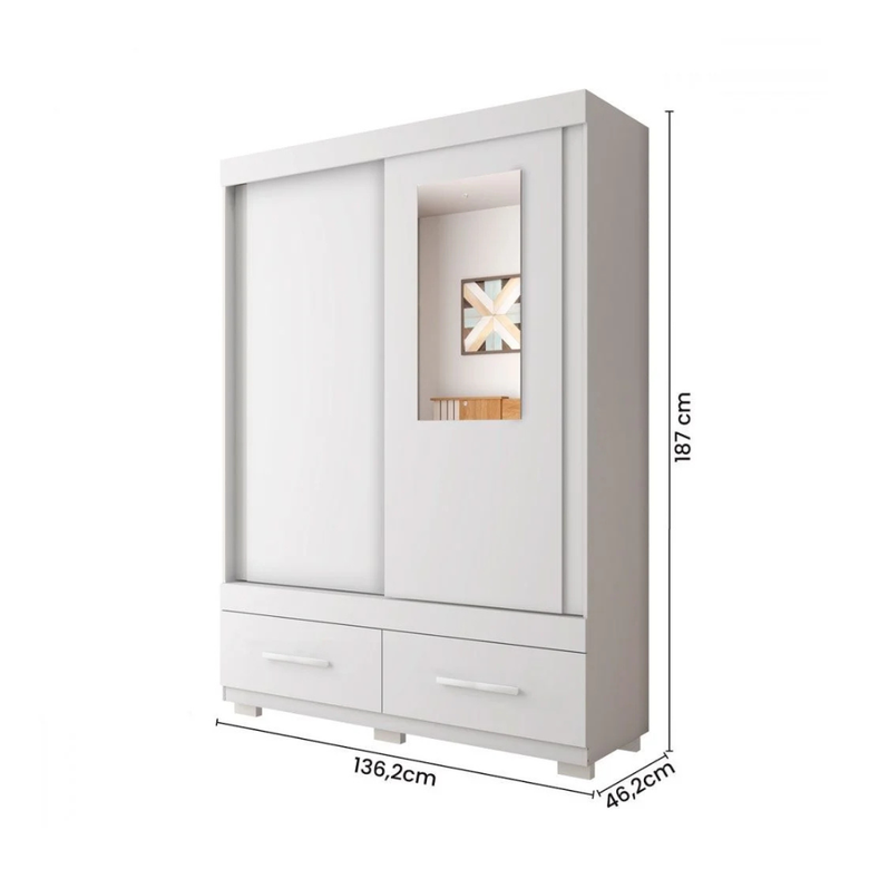 Guarda-Roupa Solteiro 2 Portas de Correr com Espelho 2 Gavetas Sereno Caemmun