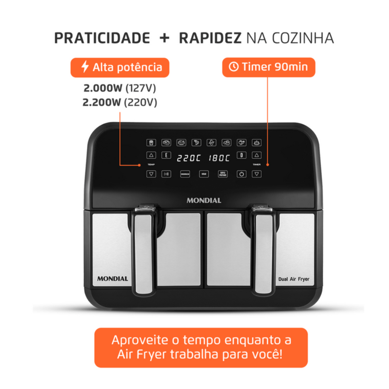 Fritadeira Elétrica Air Fryer Mondial Dual 8 Litros Duplo Cesto AFD-01-BI