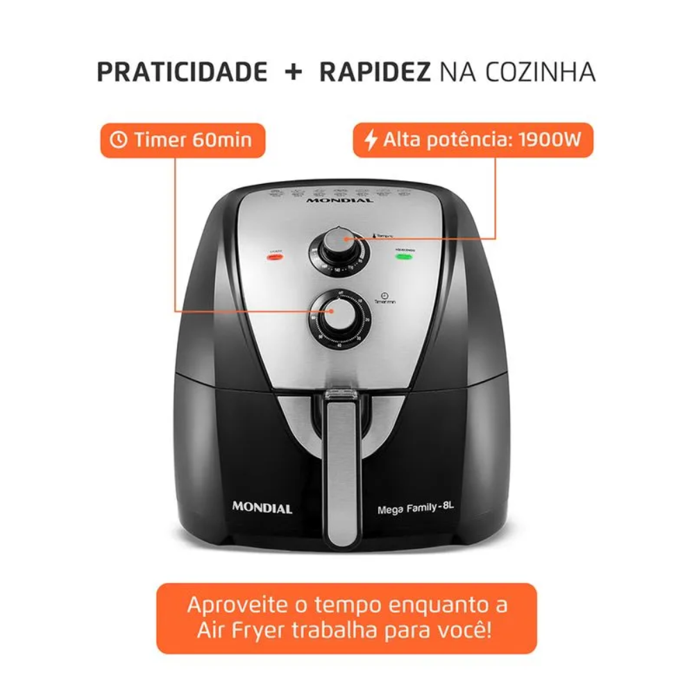 Fritadeira Elétrica Air Fryer 8L Mega Family AFN-80-BI Mondial - PRETO