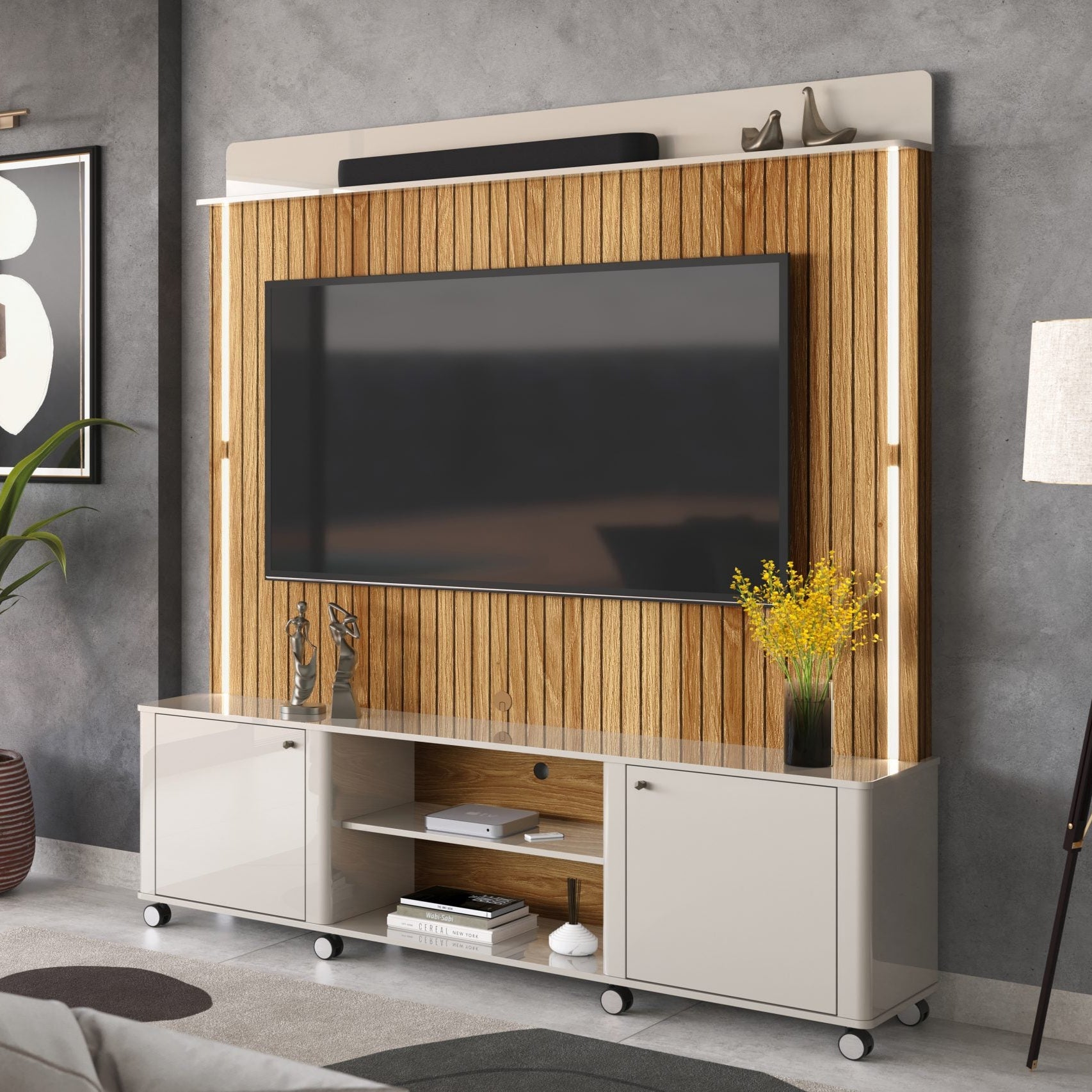 Home para TV de até 75  Polegadas Impressão Ripada 3D Florença Lukaliam - OFF WHITE /FREIJO
