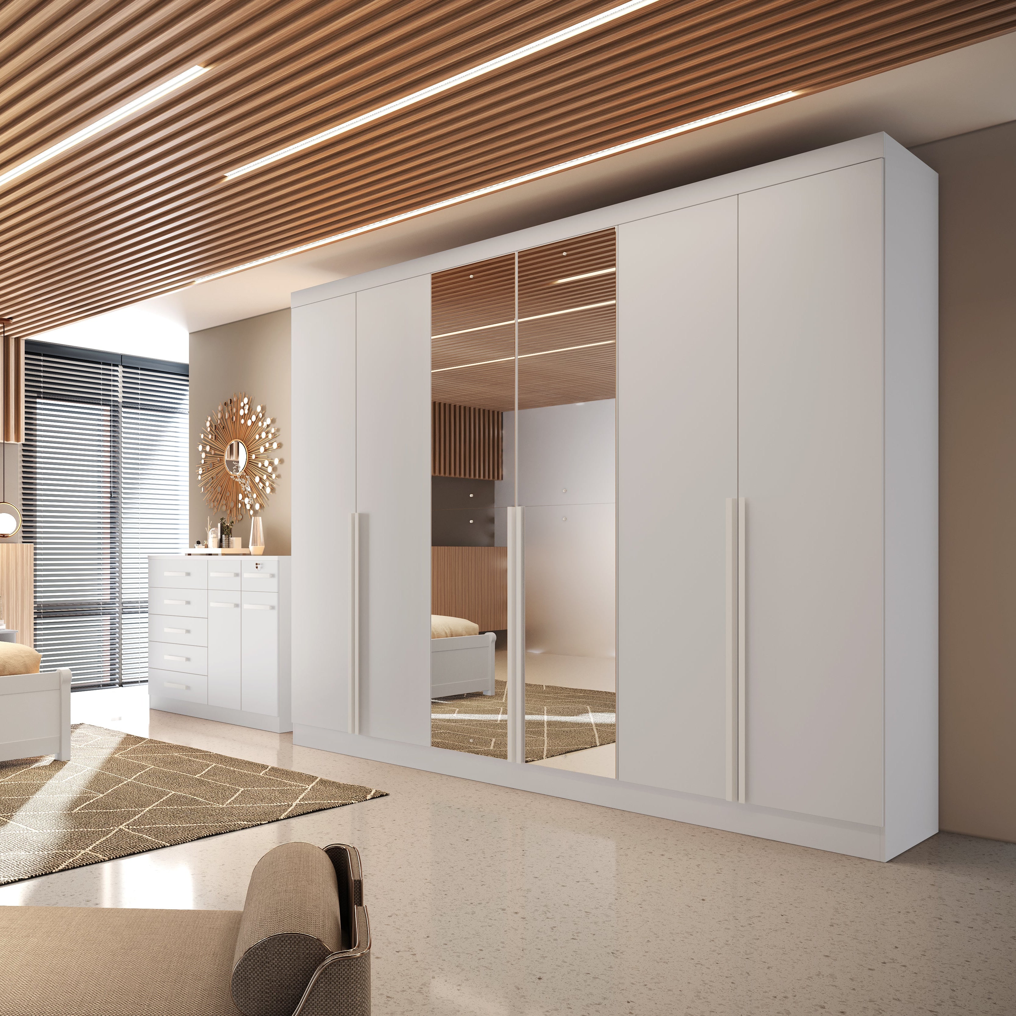 Guarda-Roupa Casal   6 Portas 6 Gavetas Com Espelho MDF Austria Bianchi - BRANCO