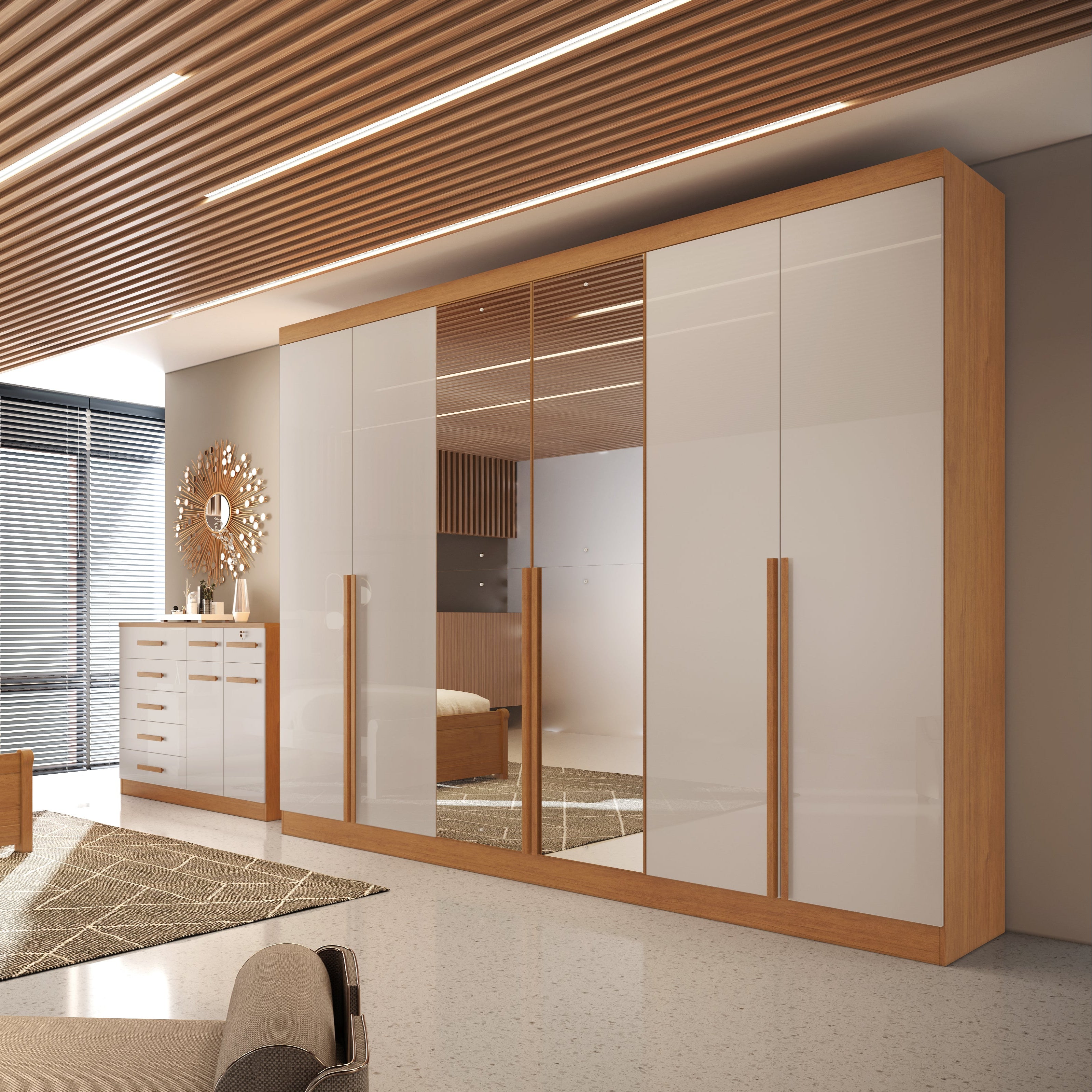 Guarda-Roupa Casal   6 Portas 6 Gavetas Com Espelho MDF Austria Bianchi - NATURE/OFF WHITE