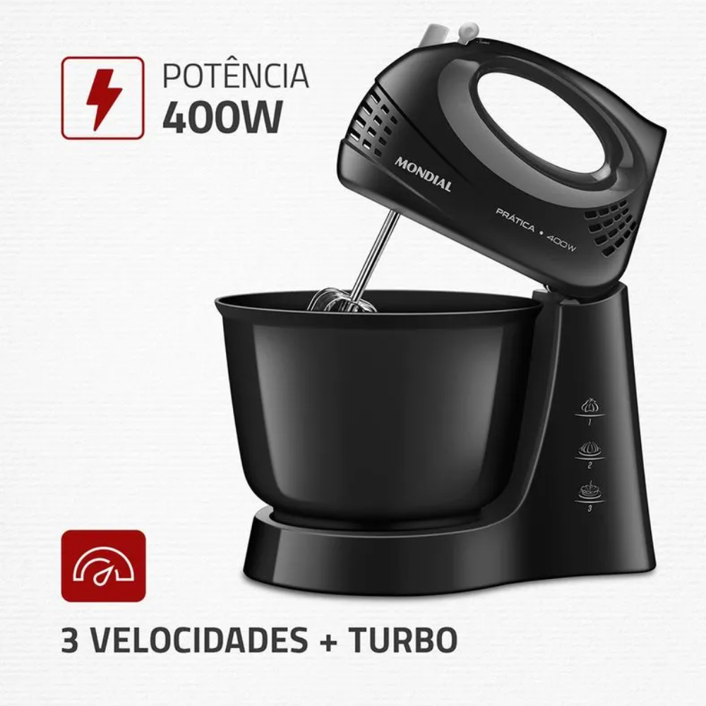 Batedeira Mondial  400W Prática B-44-B - 3 Velocidades - PRETO