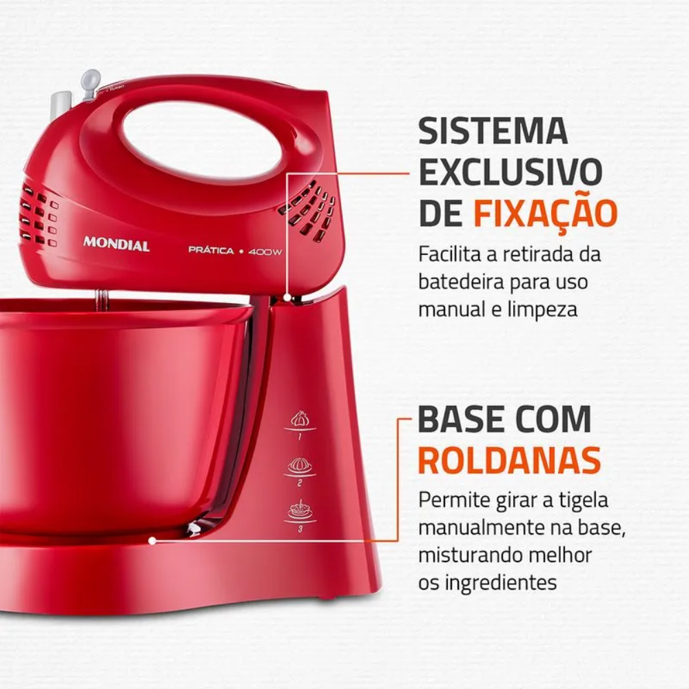 Batedeira Mondial Prática 400W B-44-R 3 Velocidades - VERM