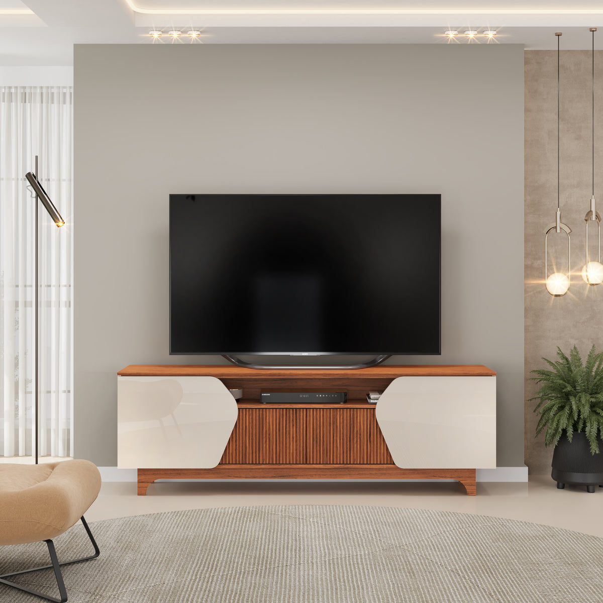 Bancada Para Tv Até 75" Ripado 180cm Helo DJ Móveis - OFF WHITE/FREIJO