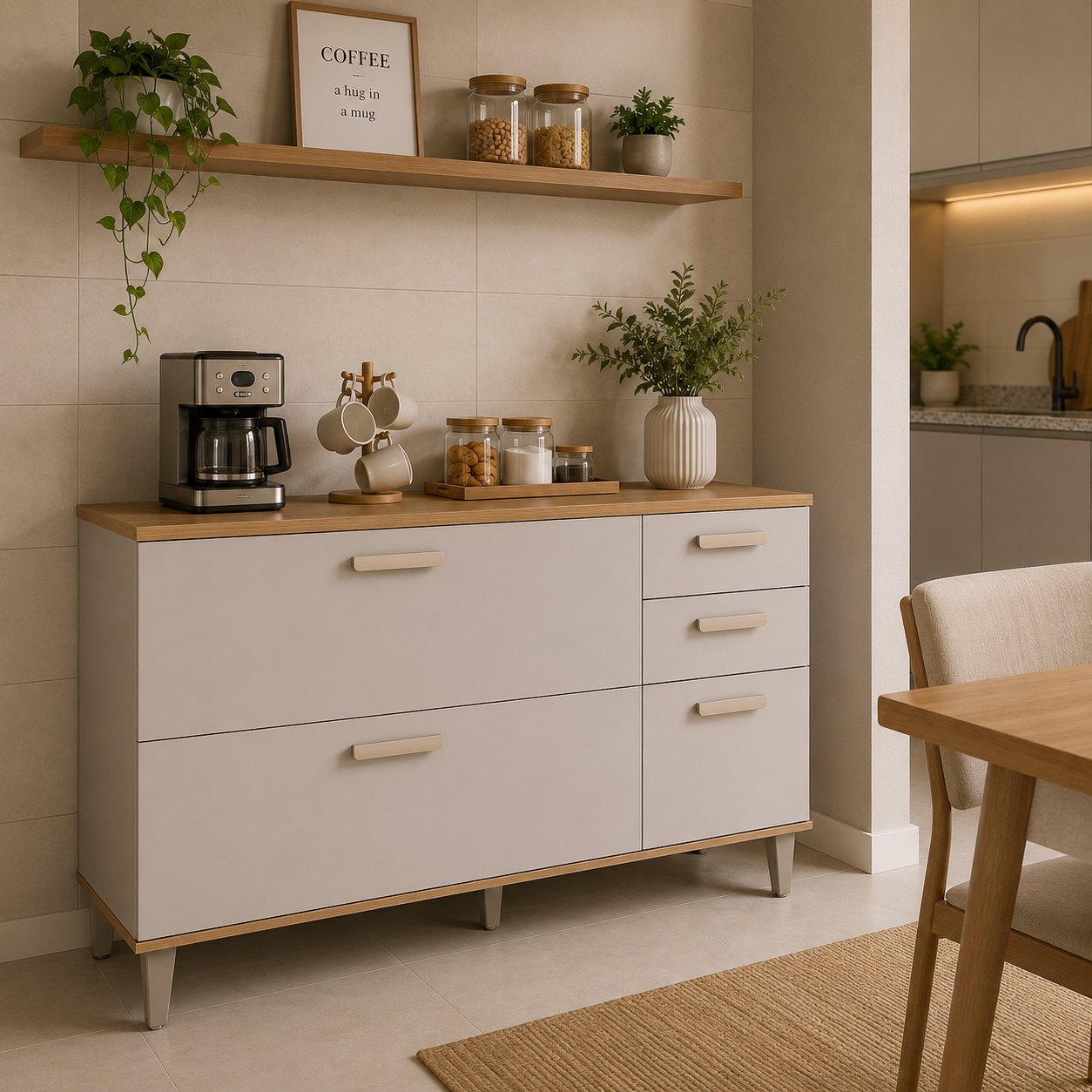 Balcão Bella 120cm 1 Porta Basculante 4 Gavetas MGM - FREIJO/OFFWHITE
