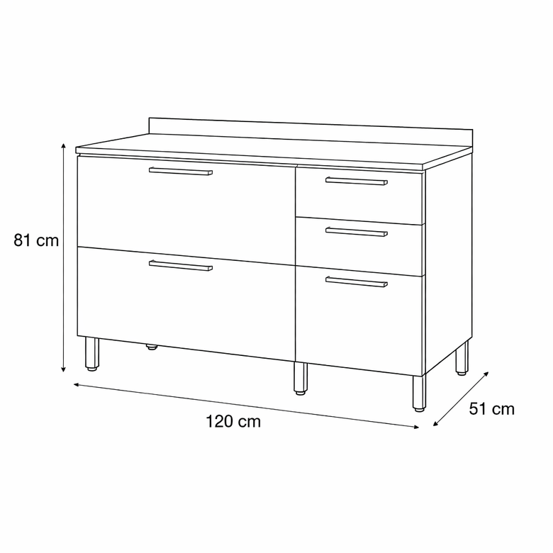 Balcão de Cozinha 120cm 3 Portas 2 Gavetas com Tampo Avelã Telasul