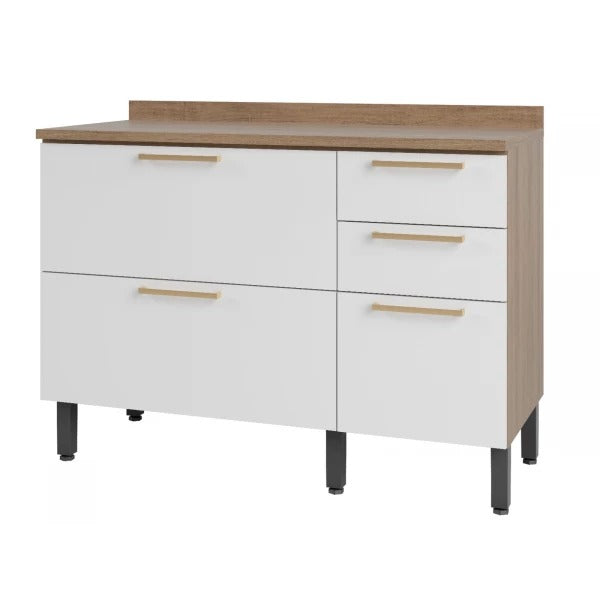 Balcão de Cozinha 120cm 3 Portas 2 Gavetas com Tampo Avelã Telasul - MEL/BRANCO