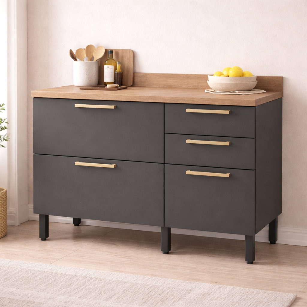 Balcão de Cozinha 120cm 3 Portas 2 Gavetas com Tampo Avelã Telasul - MEL/GRAFITE