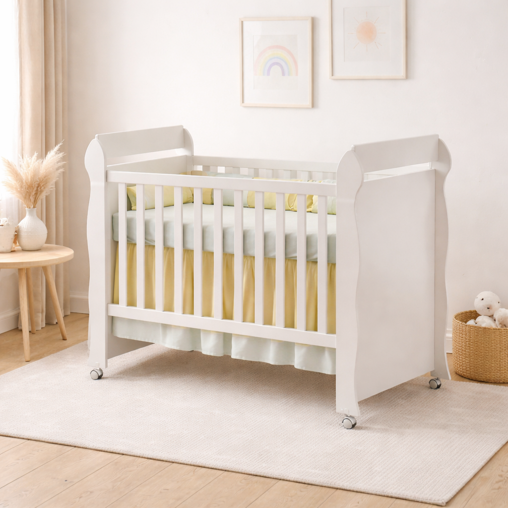 Berço Minicama Mirelle com Rodízios e Estrado Regulável - BRANCO BRILHO