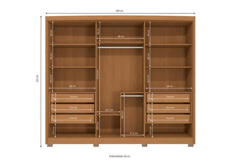 Guarda-Roupa Casal 6 Portas com Espelho 6 Gavetas CB01N566 Kappesberg