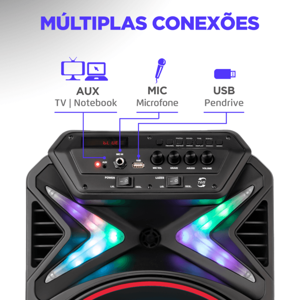 Caixa Amplificada Mondial CM-400 Connect Lights 400W Bluetooth USB/AUX/MIC - PRETO