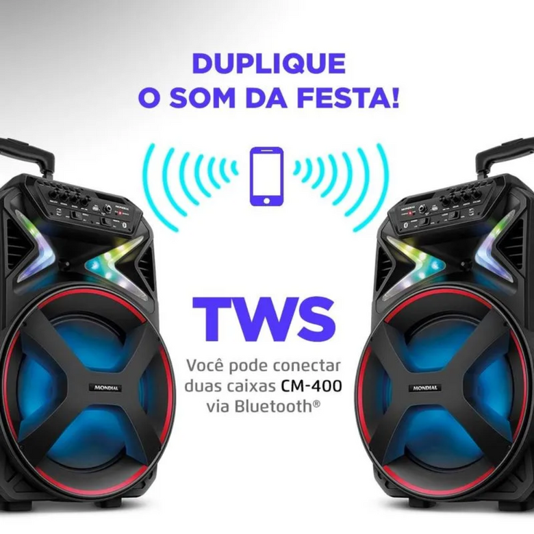 Caixa Amplificada Mondial CM-400 Connect Lights 400W Bluetooth USB/AUX/MIC