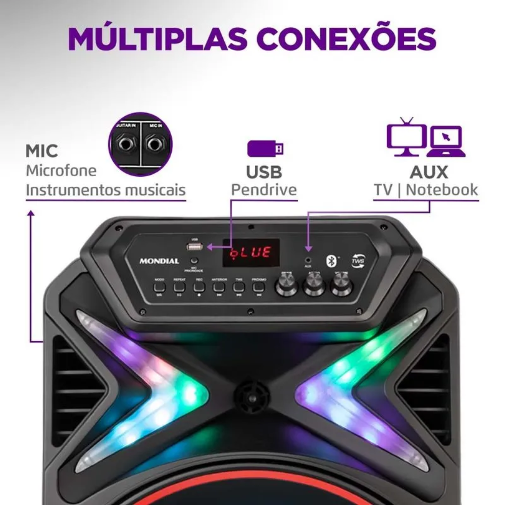Caixa de Som Amplificada Mondial Connect Lights Plus CM-700 Bluetooth 700W - PRETO