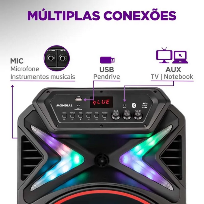 Caixa de Som Amplificada Mondial Connect Lights Plus CM-700 Bluetooth 700W