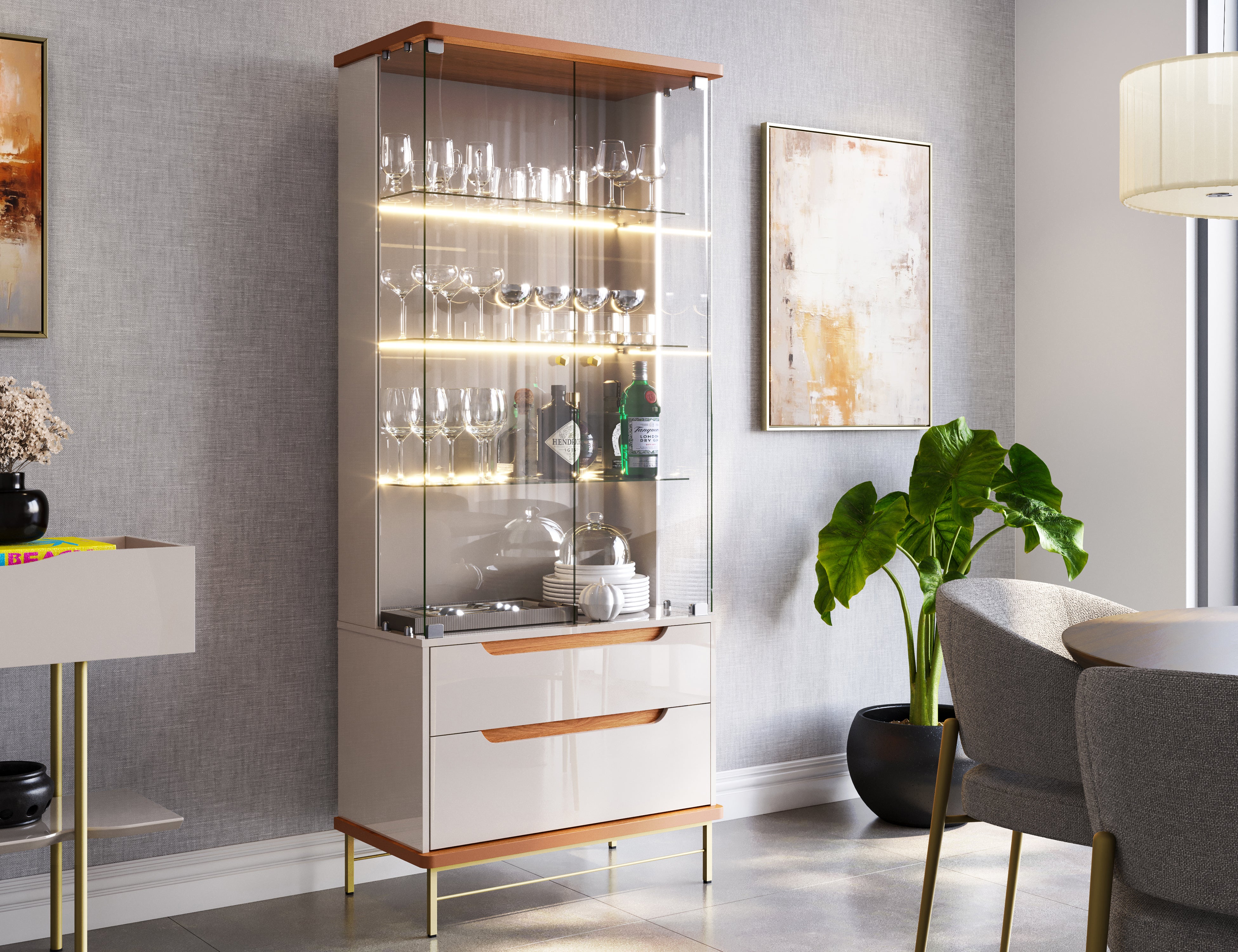 Cristaleira Adhalia Lukaliam com Portas de Vidro, LED e Prateleiras