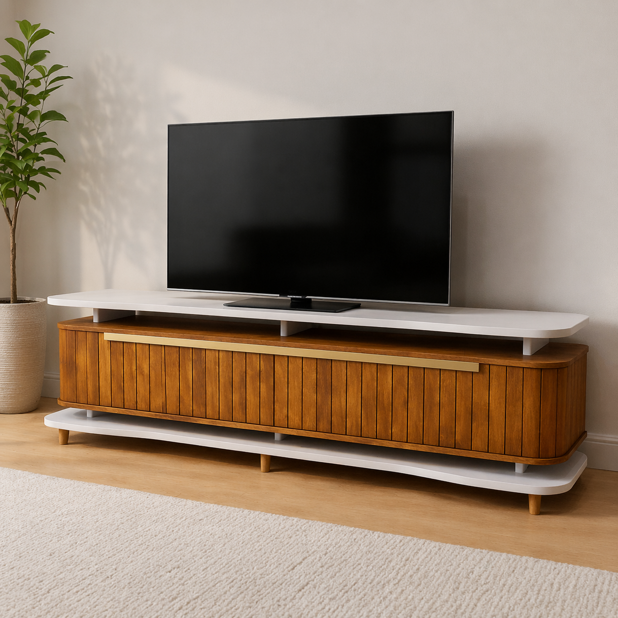 Rack para TV até 75 Polegadas Guarapari Bechara 180cm com 3 Portas - OFF WHITE/NATURELE