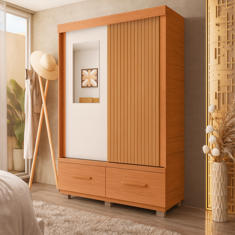 Guarda-Roupa Solteiro 2 Portas de Correr com Espelho 2 Gavetas Sereno Caemmun