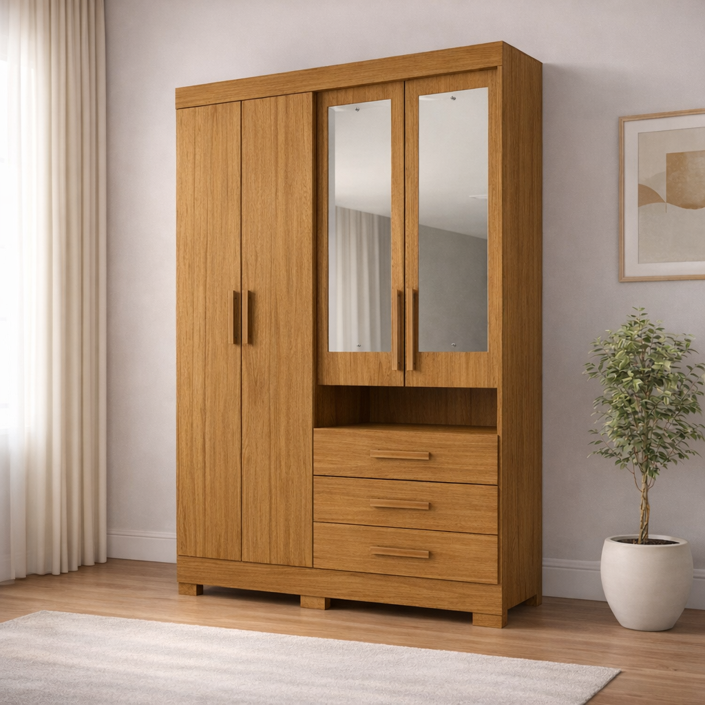 Guarda-Roupa 4 Portas 3 Gavetas com Espelho Débora ACP - CINAMOMO