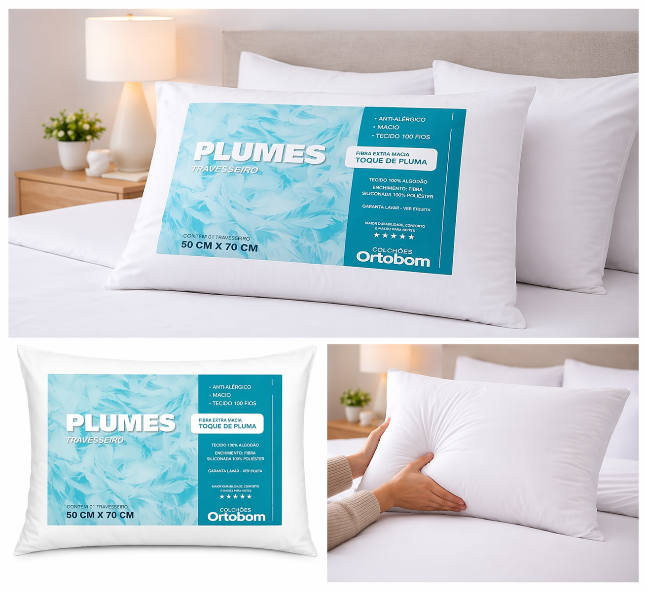 Travesseiro Plumes Ortobom 50x70cm - BRANCO