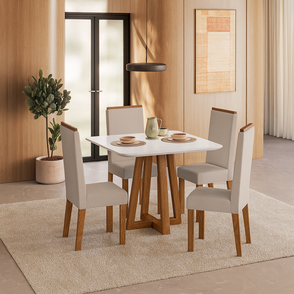 Conjunto de Mesa de Jantar 90x90cm Quadrada com 4 Cadeiras Livia Sonetto - AMBAR/ OFF WHITE