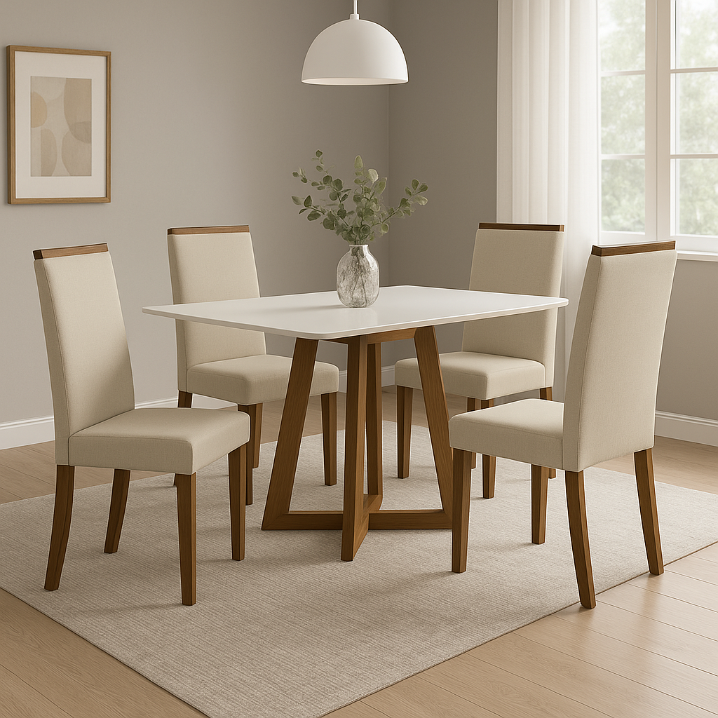 Conjunto de Mesa de Jantar 120x90cm Quadrada com 4 Cadeiras Livia Sonetto - AMBA/OFF WHITE