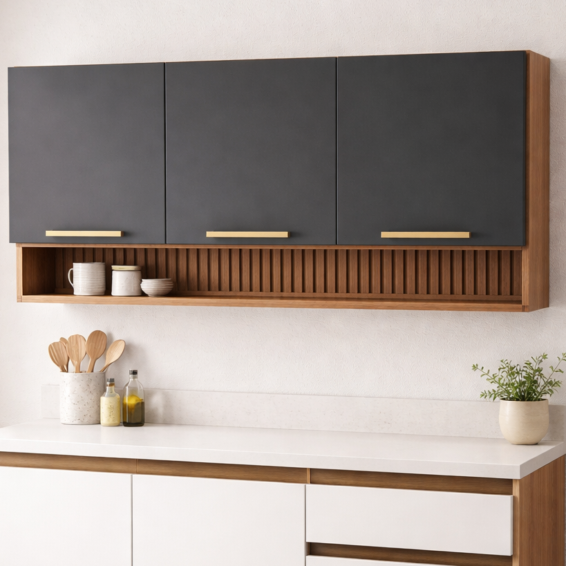 Armário Aéreo Avelã 120cm 3 Portas com Nicho Telasul - MEL/GRAFITE