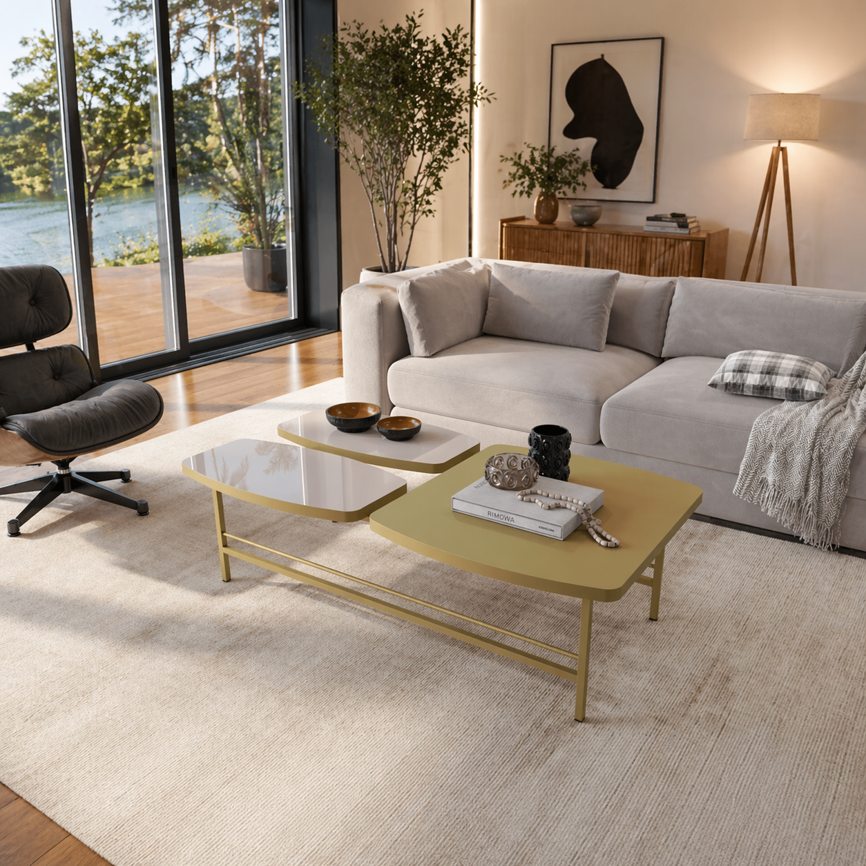 Mesa de Centro Lile 1,10m Lukaliam com Base Metálica - OFF WHITE/DOURADO