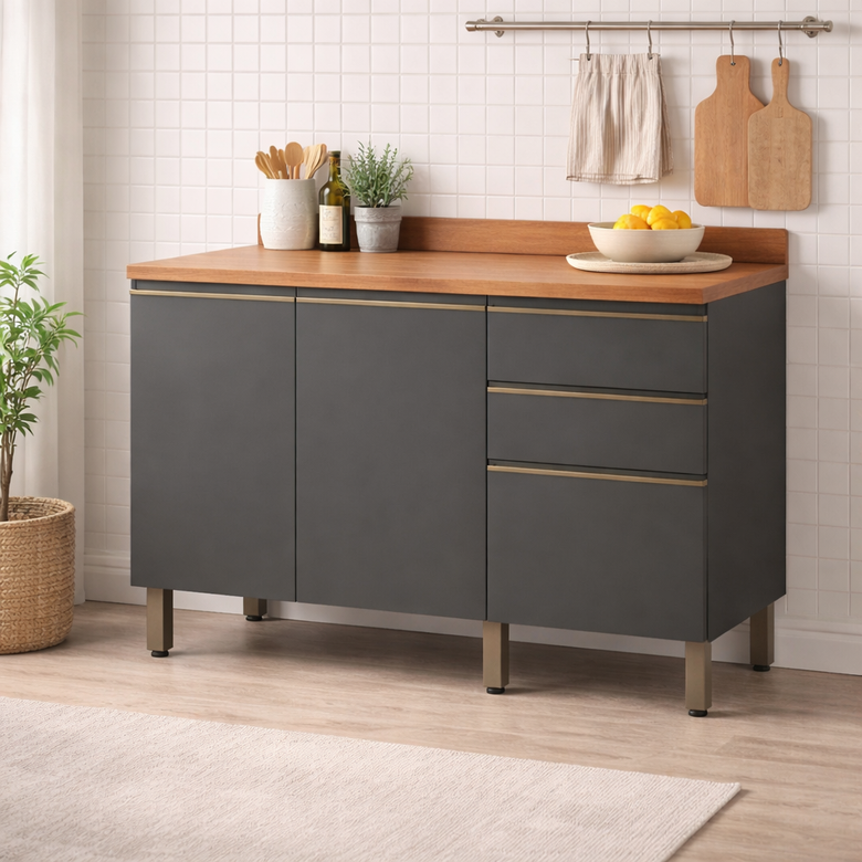 Balcão de Cozinha Macadâmia 120cm 2 Portas 3 Gavetas Telasul