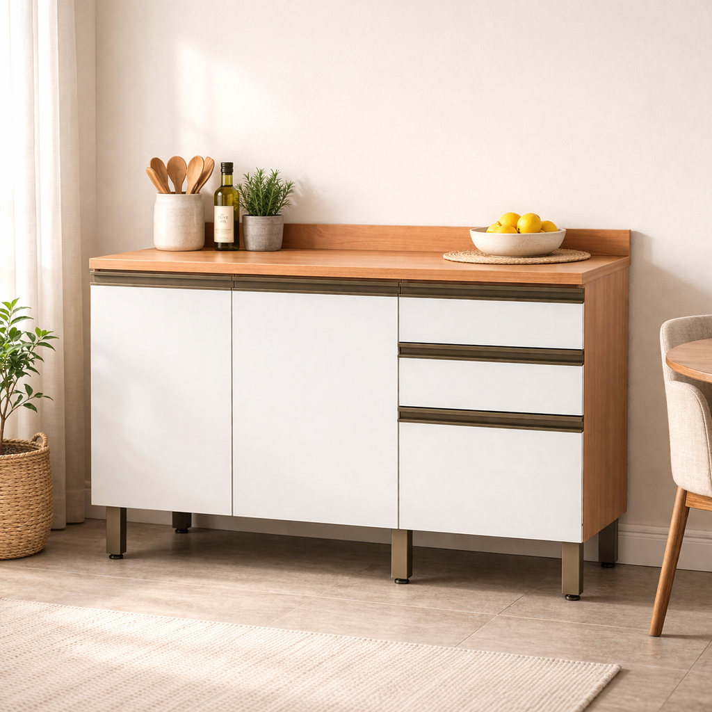 Balcão de Cozinha Macadâmia 120cm 2 Portas 3 Gavetas Telasul - FREIJO BRANCO