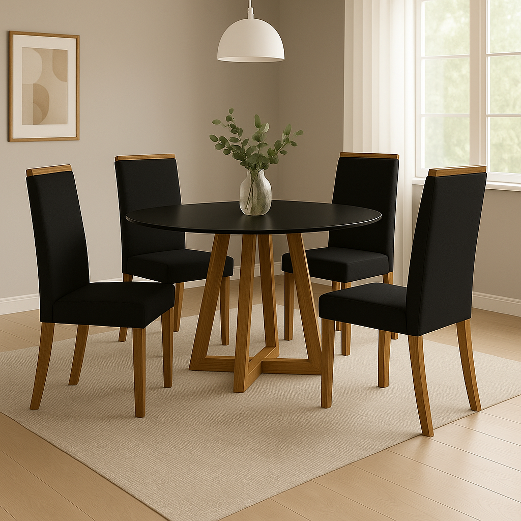 Conjunto Mesa de Jantar 90cm Redonda com 4 Cadeiras Livia Sonetto - PRETO