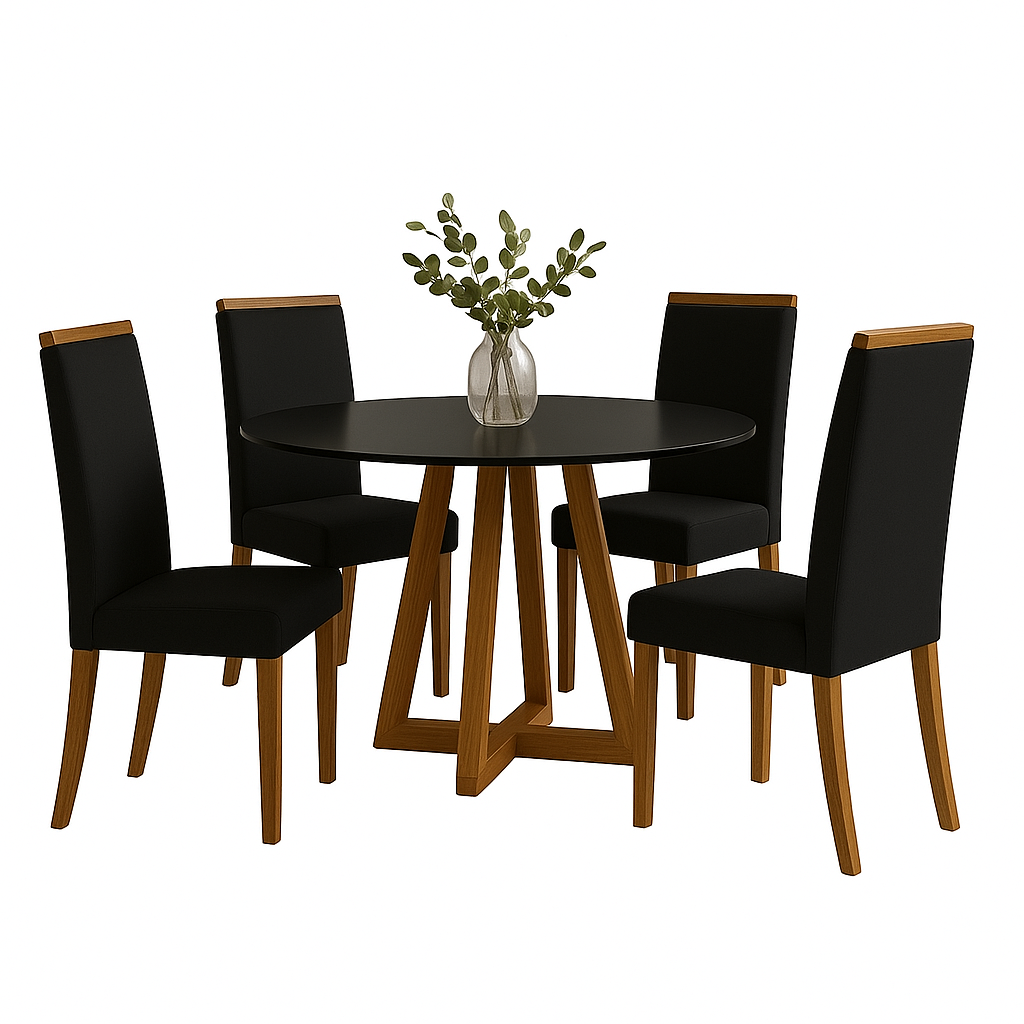 Conjunto Mesa de Jantar 90cm Redonda com 4 Cadeiras Livia Sonetto - PRETO