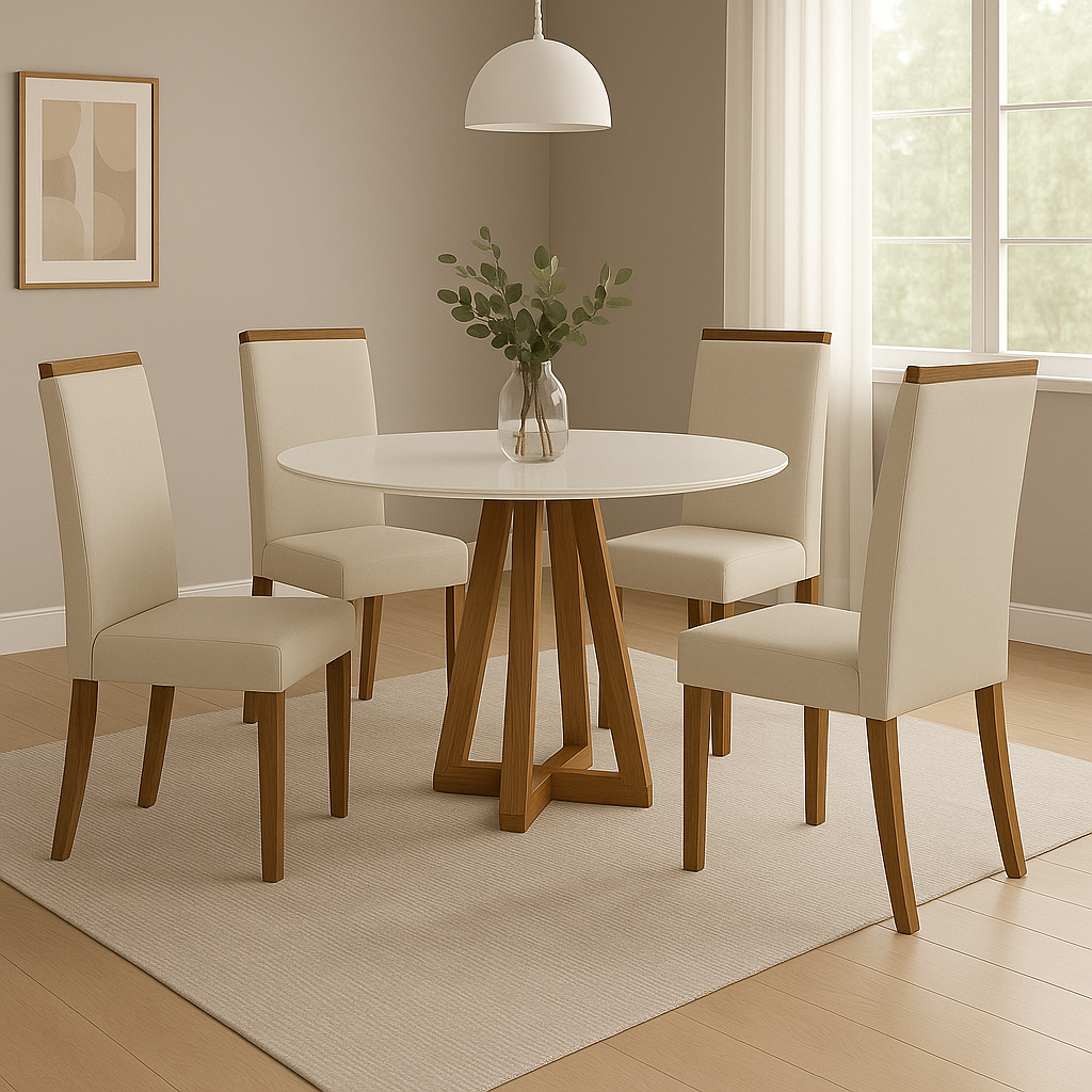 Conjunto Mesa de Jantar 90cm Redonda com 4 Cadeiras Livia Sonetto - AMBAR/ OFF WHITE