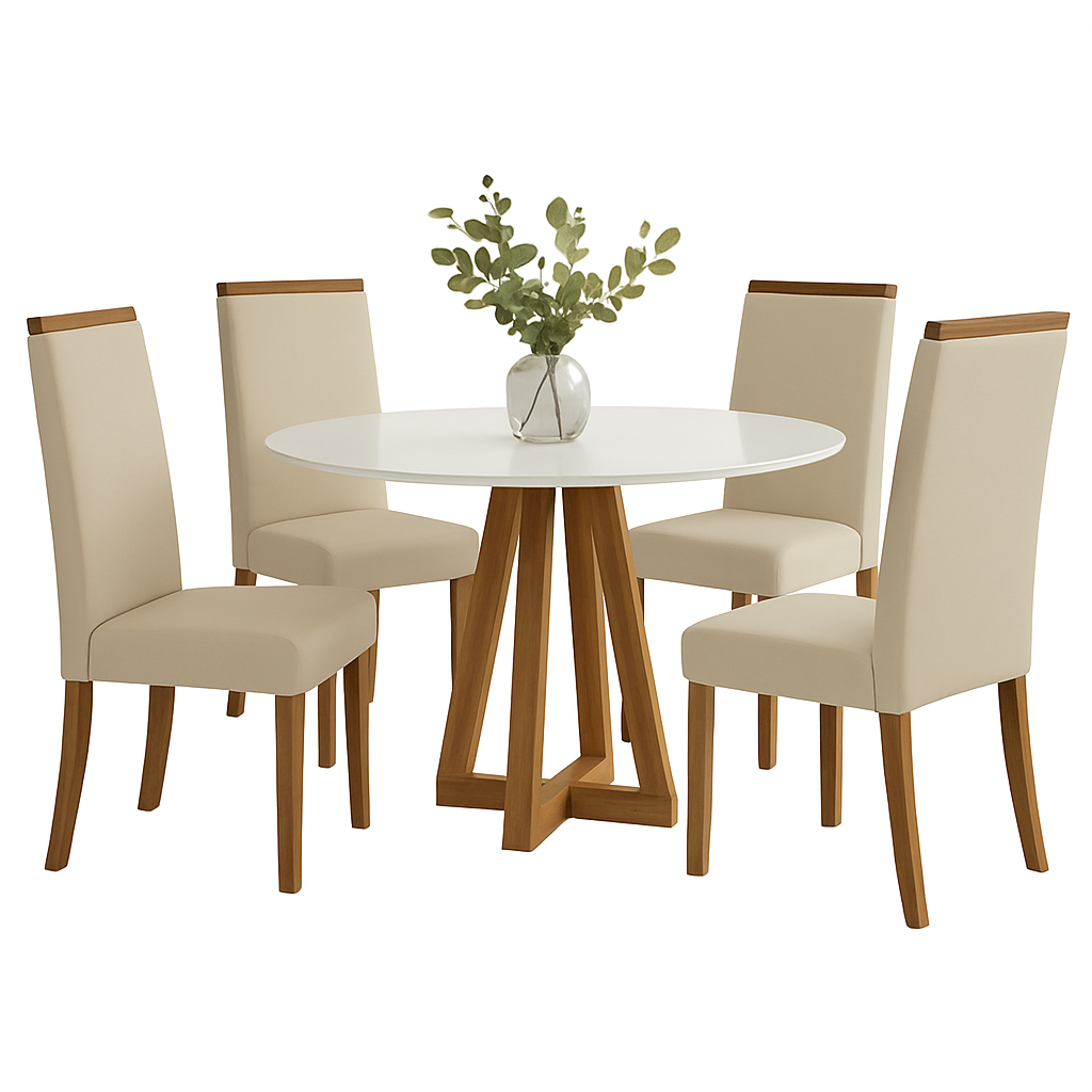 Conjunto Mesa de Jantar 90cm Redonda com 4 Cadeiras Livia Sonetto - AMBAR/ OFF WHITE
