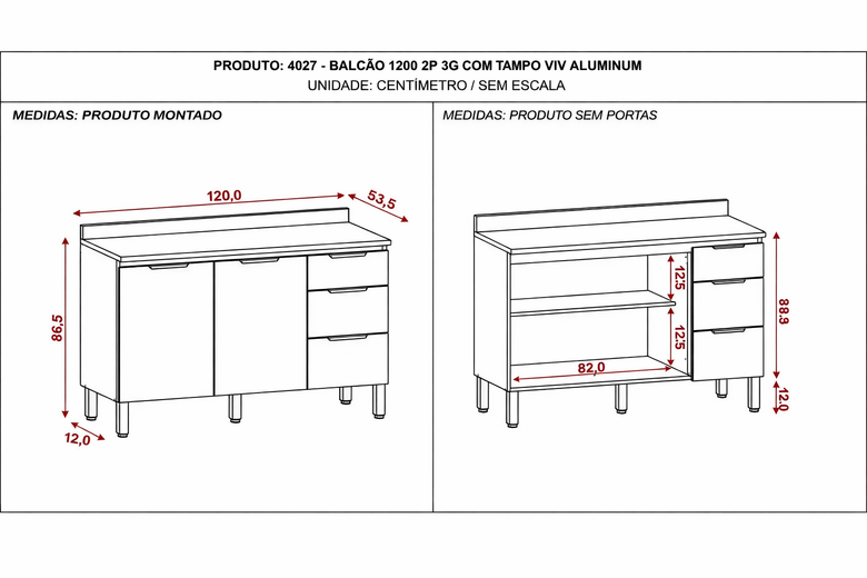 Balcão 2 Portas 3 Gavetas Viv Aluminum Kits Paraná
