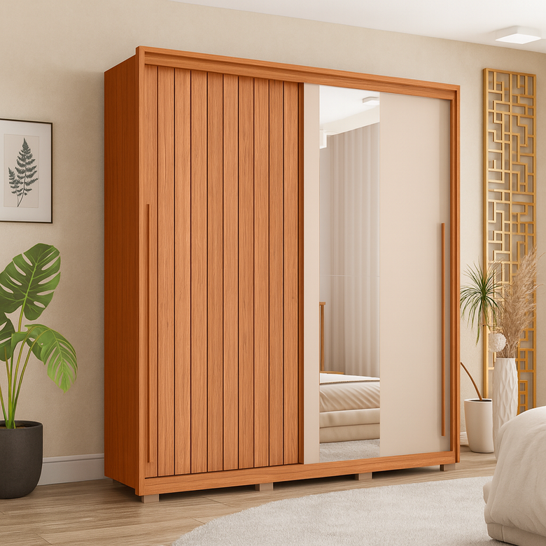 Guarda Roupa Solteiro 2 Portas de Correr com Espelho e 3 Gavetas 1.8 Moviment Caemmun