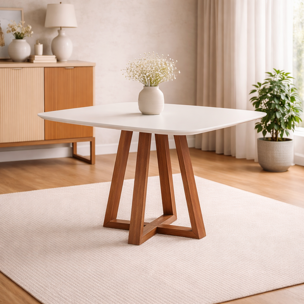 Mesa Bennett Retangular 115cm com Tampo de Vidro para 4 Lugares - NATURAL / OFF WHITE GLOSS