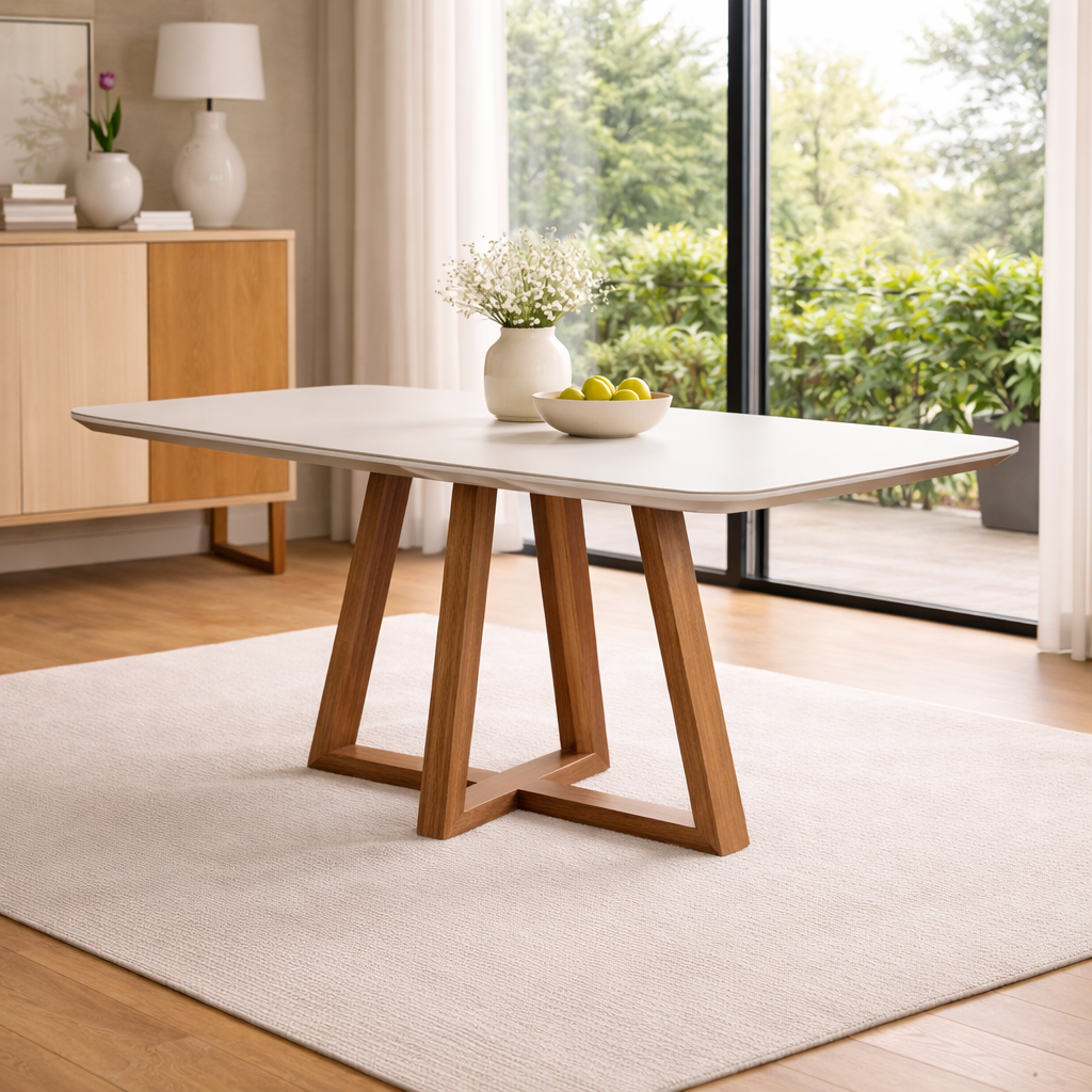 Mesa de Jantar Bennett 1,80m com Vidro Província para 6 Lugares - NATURAL / OFF WHITE GLOSS