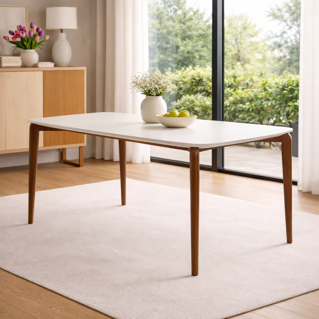 Mesa de Jantar 1,80m com Vidro Donatella Província para 6 Lugares - OFF WHITE FOSCO / NATURAL