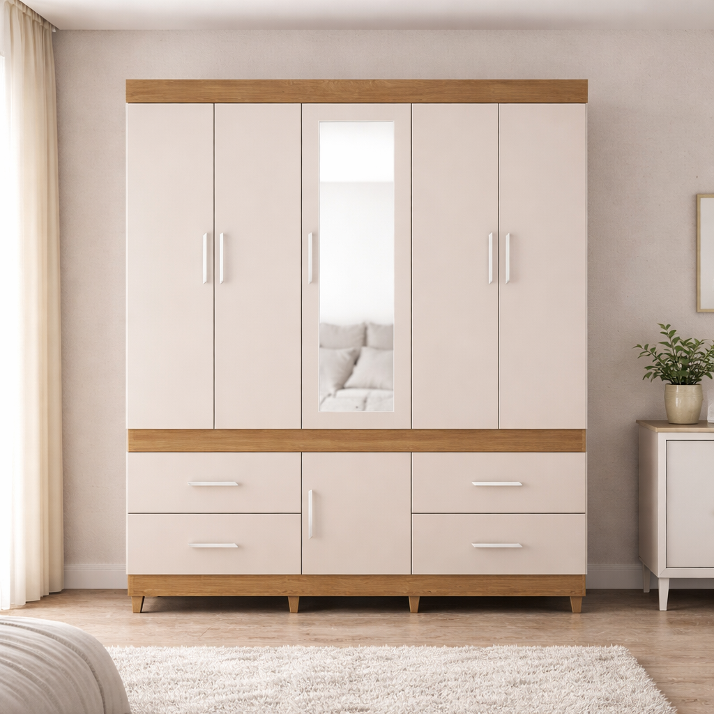 Guarda Roupa Casal 6 Portas 4 Gavetas Guarujá Demóbile - AMENDOLA /OFF WHITE