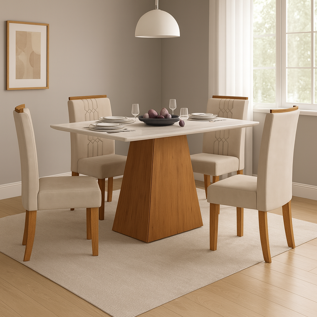 Conjunto de Mesa de Jantar Dulce 120x90 com 4 Cadeiras Zoe Dj Móveis - FREIJO E CREME
