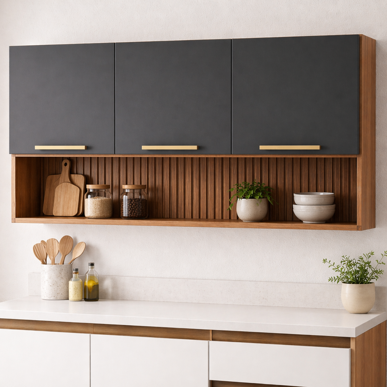 Armário Aéreo Avelã 120cm 3 Portas com Nicho Telasul - MEL/GRAFITE